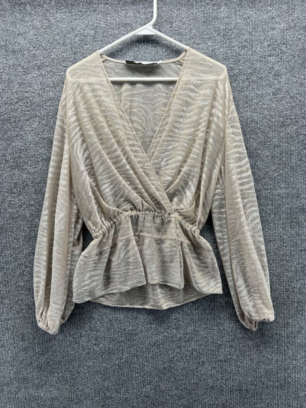 IRO Blouse Women 34 Beige V Neck Long Balloon Sleeve Sheer Metallic Peplum